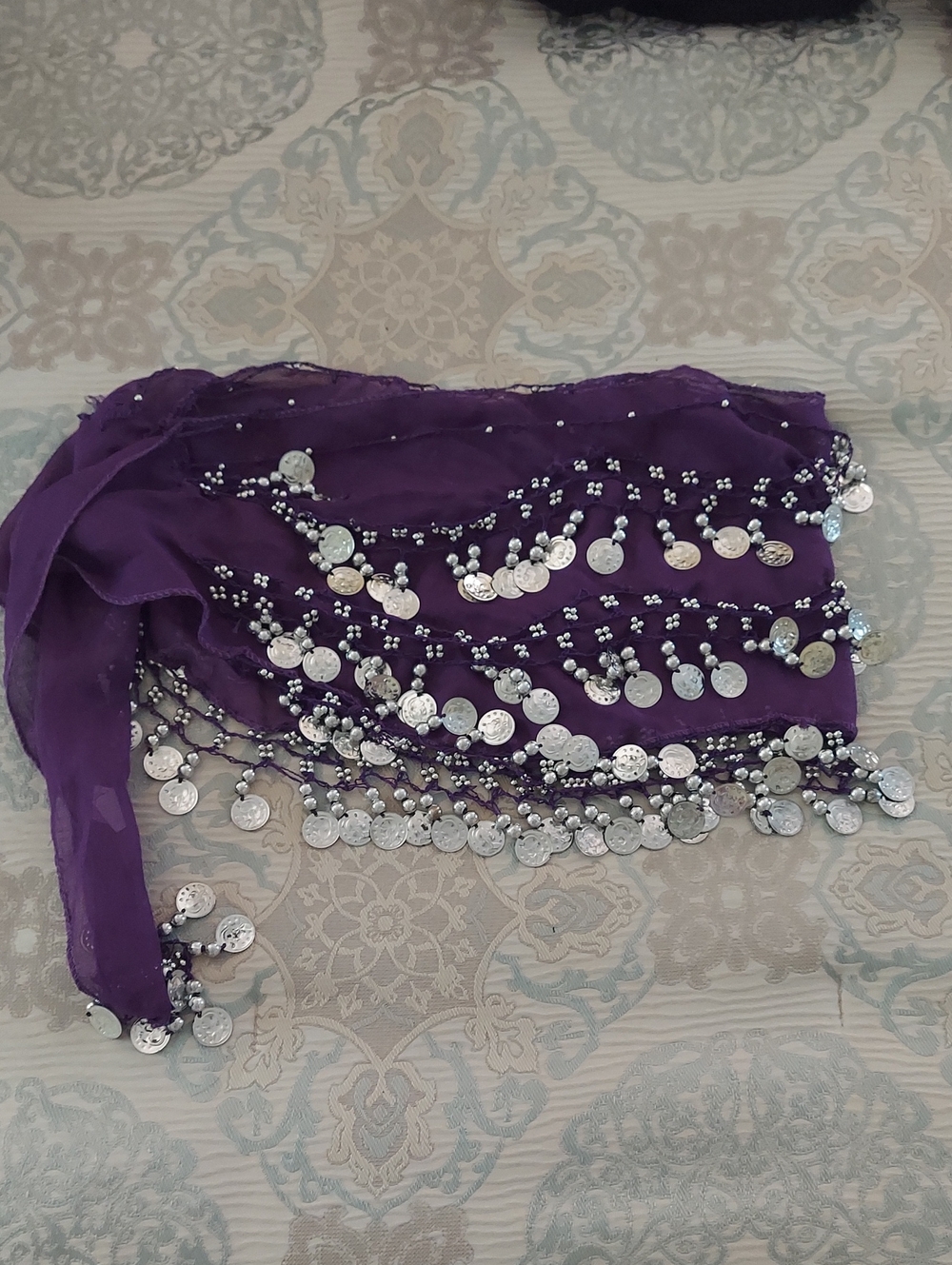 Purple Belly Dance Hip Scarf with Silver Coins